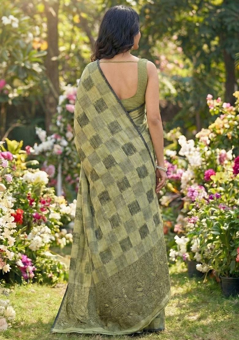 Olive Green Woven Zari Work Poly Cotton Saree Set - Indya