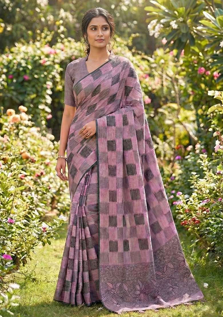 Mauve Woven Poly Cotton Saree Set with Zari Work for Diwali | Wedding & Festive Wear - Indya