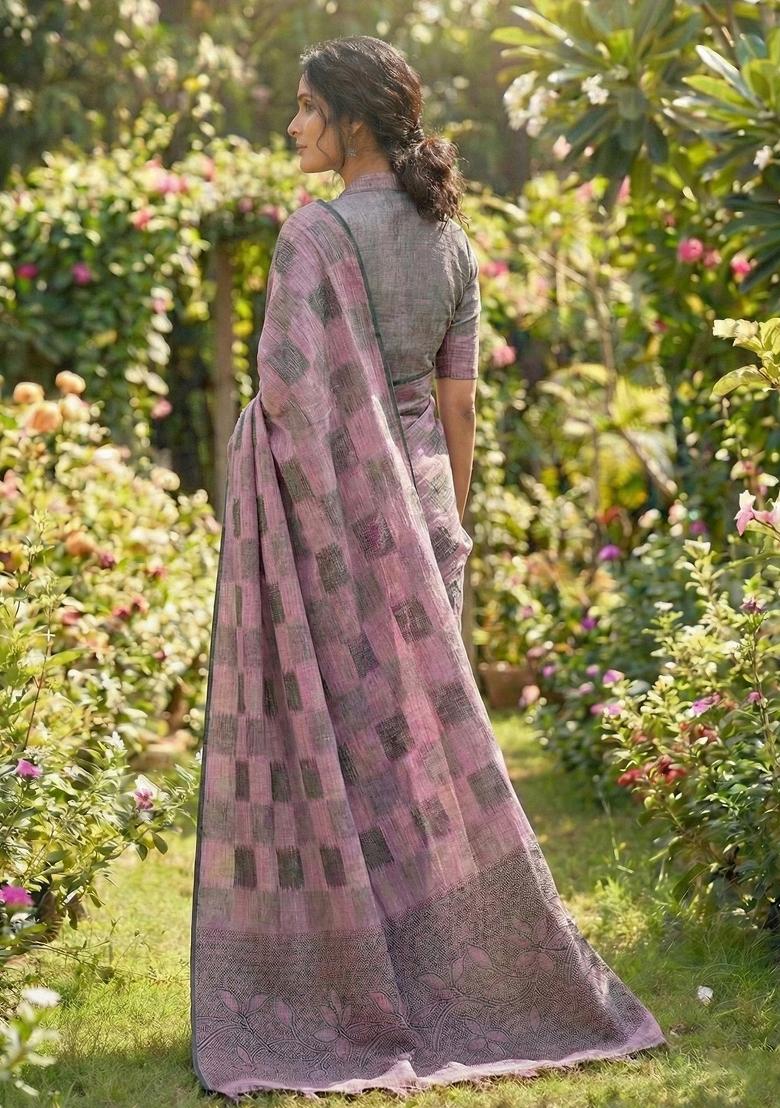 Mauve Woven Zari Work Poly Cotton Saree Set - Indya