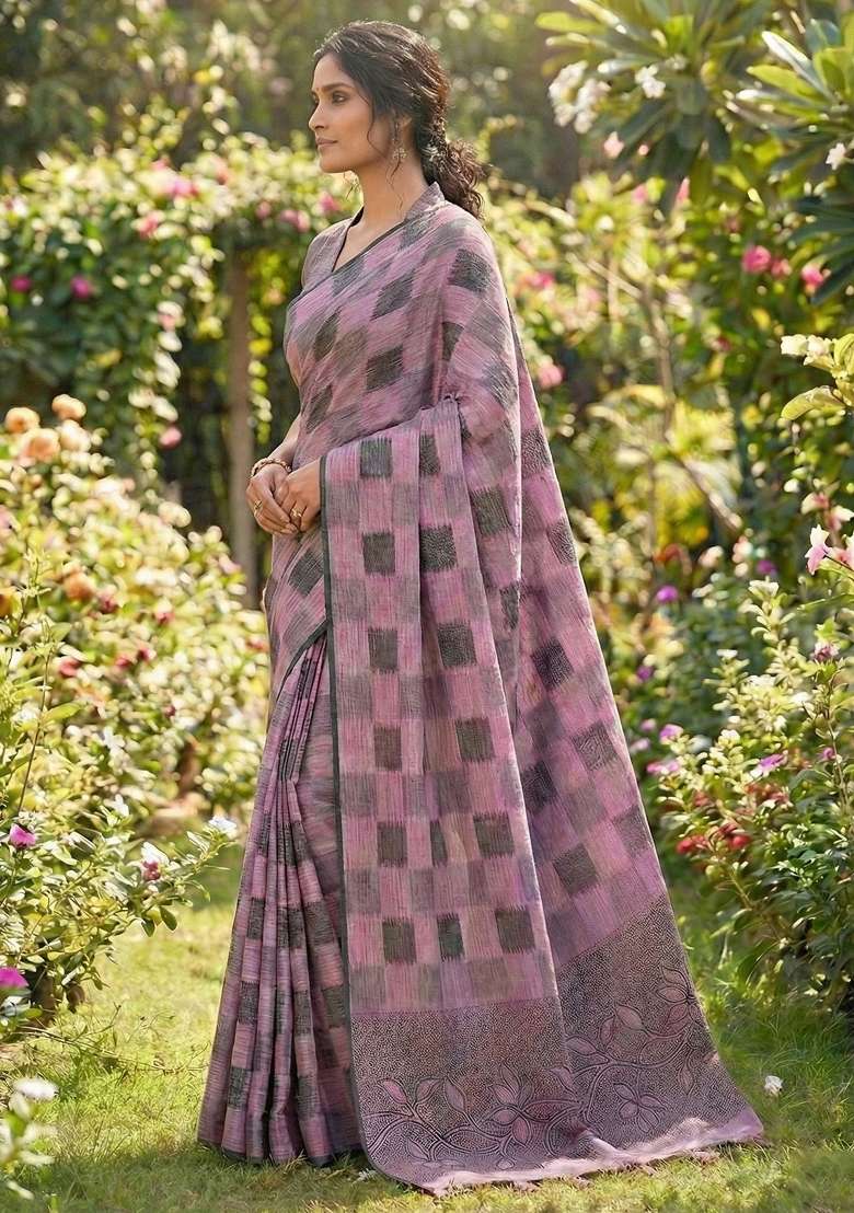 Mauve Woven Poly Cotton Saree Set with Zari Work for Diwali | Wedding & Festive Wear - Indya
