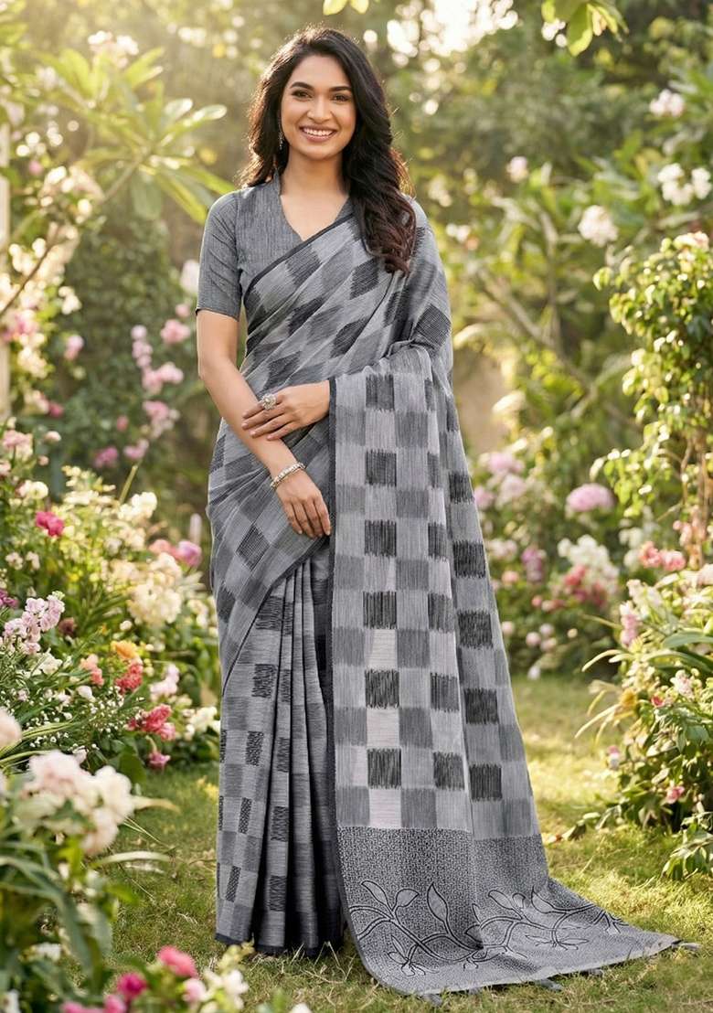 Grey Woven Poly Cotton Saree Set with Zari Work for Diwali | Wedding & Festive Wear - Indya