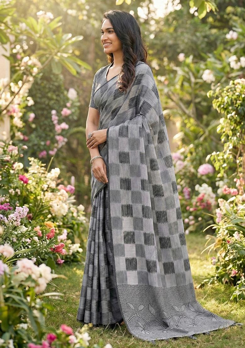 Grey Woven Zari Work Poly Cotton Saree Set - Indya