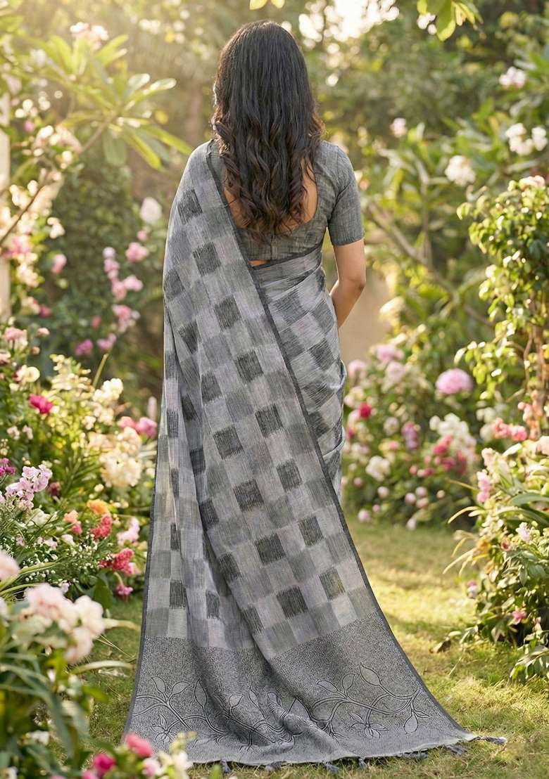 Grey Woven Poly Cotton Saree Set with Zari Work for Diwali | Wedding & Festive Wear - Indya