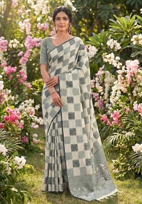 Off-White Woven Zari Work Poly Cotton Saree Set