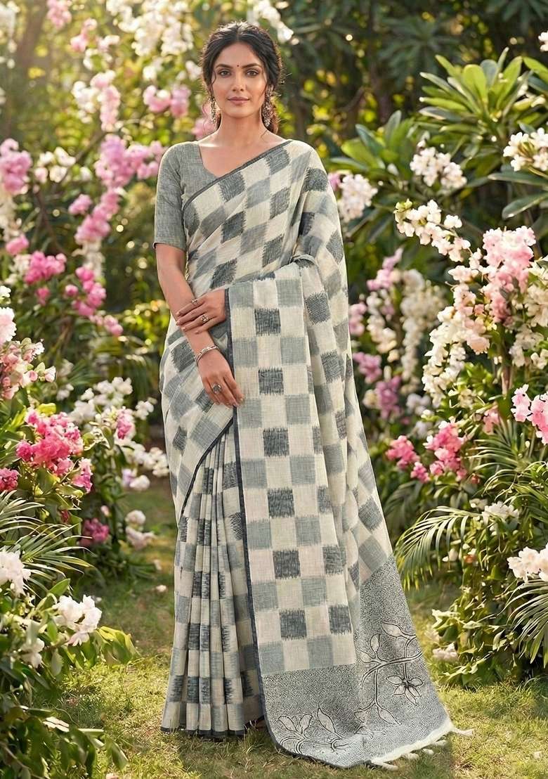 Off-White Woven Zari Work Poly Cotton Saree Set for Diwali and Festive Wear - Indya