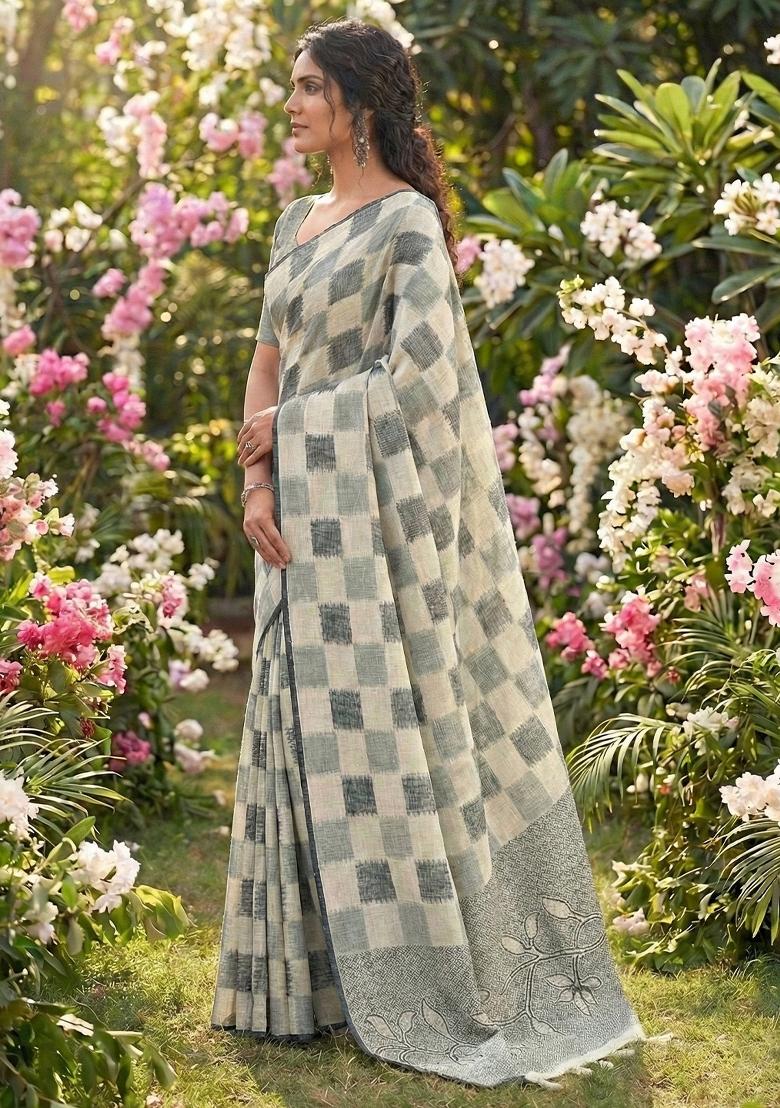 Off-White Woven Zari Work Poly Cotton Saree Set - Indya