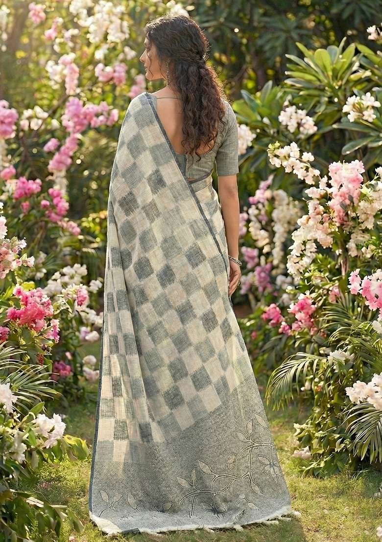 Off-White Woven Zari Work Poly Cotton Saree Set for Diwali and Festive Wear - Indya