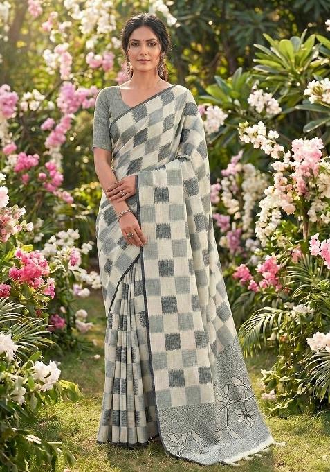 Off-White Woven Zari Work Poly Cotton Saree Set