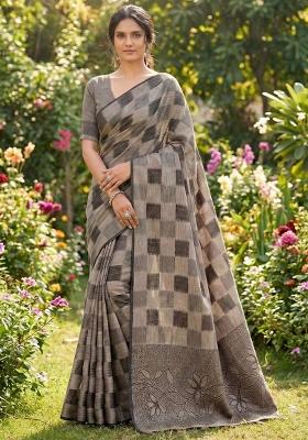 Brown Woven Zari Work Poly Cotton Saree Set