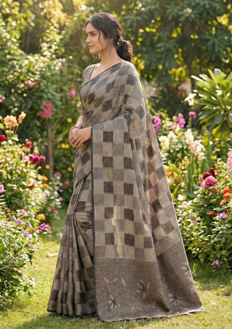 Brown Woven Zari Work Poly Cotton Saree Set - Indya