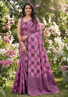 Magenta Woven Zari Work Poly Cotton Saree Set