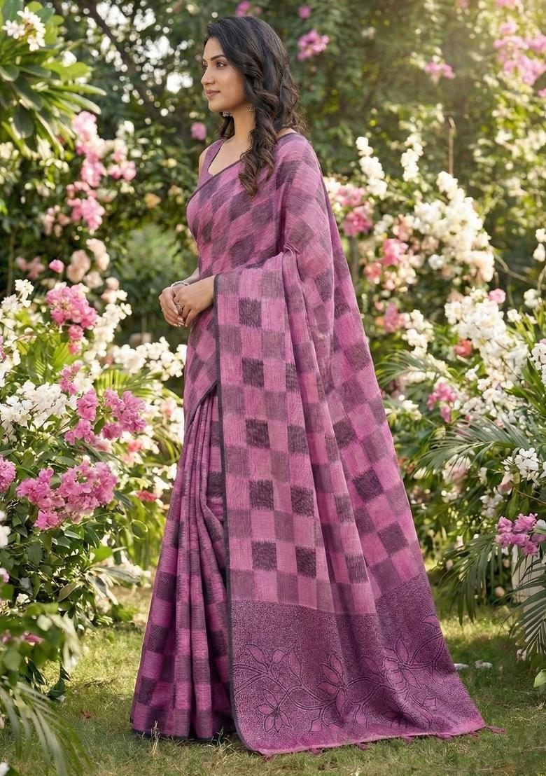 Magenta Woven Zari Work Poly Cotton Saree Set - Indya