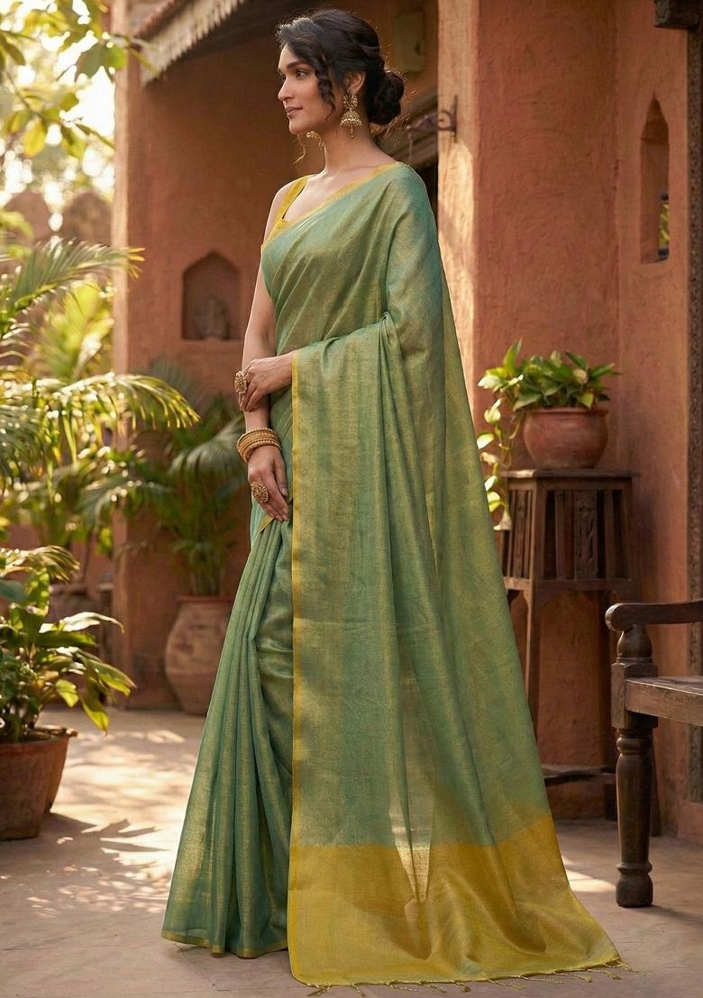 Sea Green Woven Zari Work Tissue Silk Saree Set - Indya