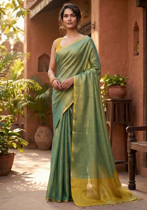 Sea Green Woven Zari Work Tissue Silk Saree Set — view on Indya