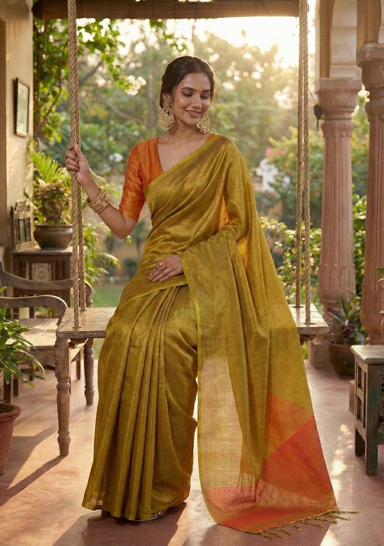 Mustard Woven Zari Work Tissue Silk Saree Set - Indya