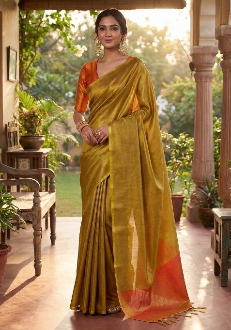 Mustard Woven Zari Work Tissue Silk Blend Saree Set