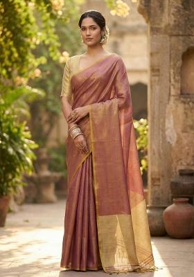 Onion Pink Woven Zari Work Tissue Silk Saree Set