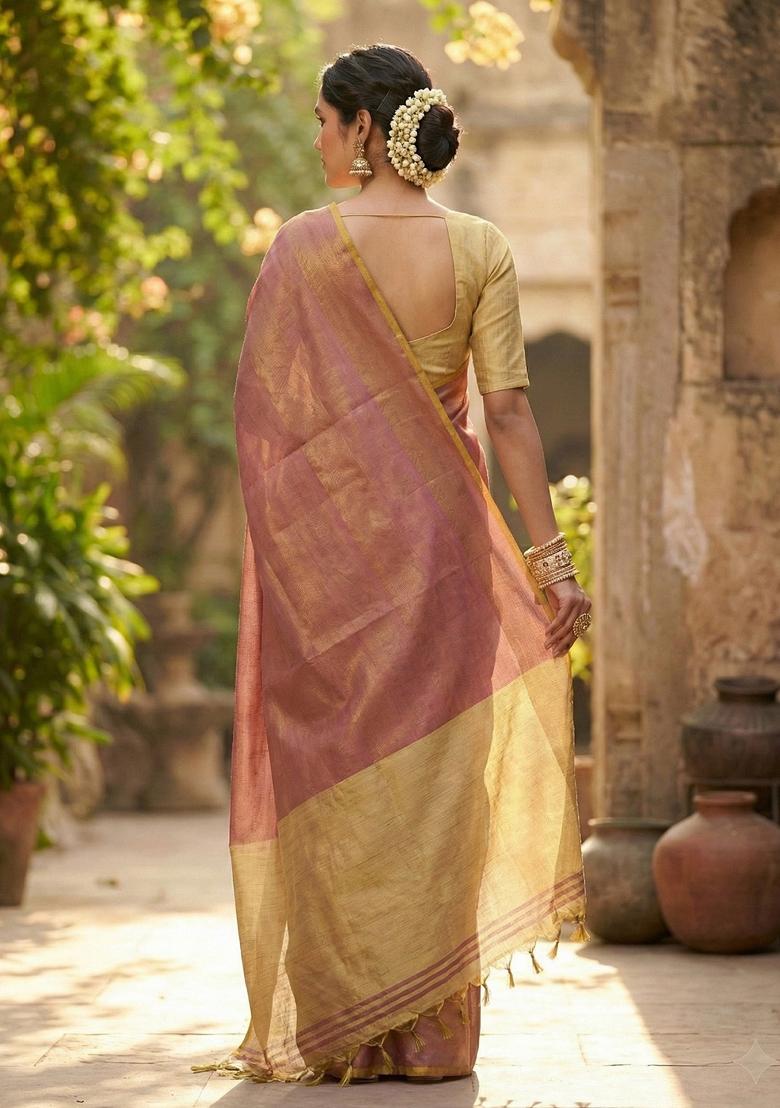 Onion Pink Woven Zari Work Tissue Silk Saree Set - Indya