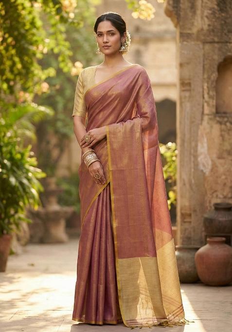 Onion Pink Woven Zari Work Tissue Silk Blend Saree Set