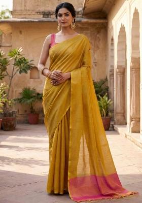 Yellow Woven Zari Work Tissue Silk Saree Set