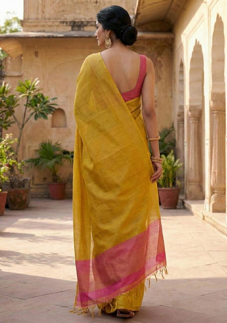 Yellow Woven Zari Work Tissue Silk Saree Set - Indya