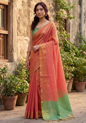 Peach Woven Zari Work Tissue Silk Saree Set