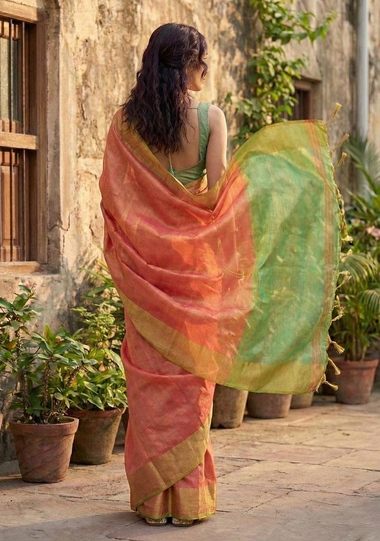 Peach Woven Zari Work Tissue Silk Saree Set - Indya