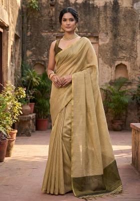 Beige Woven Zari Work Tissue Silk Saree Set