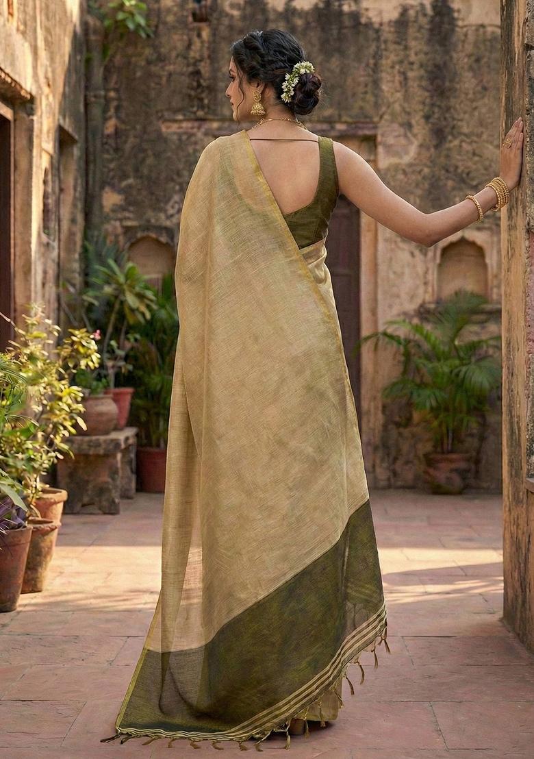 Beige Woven Zari Work Tissue Silk Saree Set - Indya