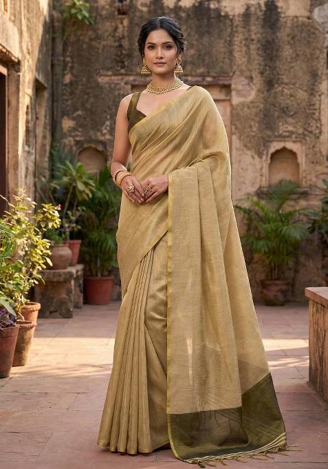 Beige Woven Zari Work Tissue Silk Saree Set — view on Indya