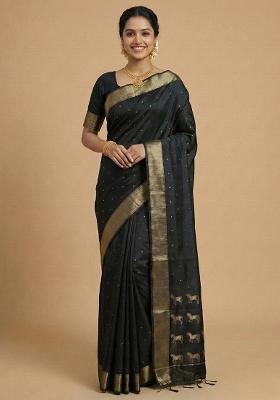 Black Woven Zari Work Silk Saree Set