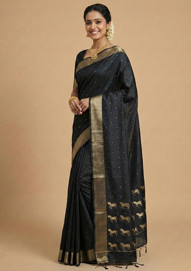 Black Woven Zari Work Silk Saree Set - Indya