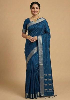 Royal Blue Woven Zari Work Silk Saree Set
