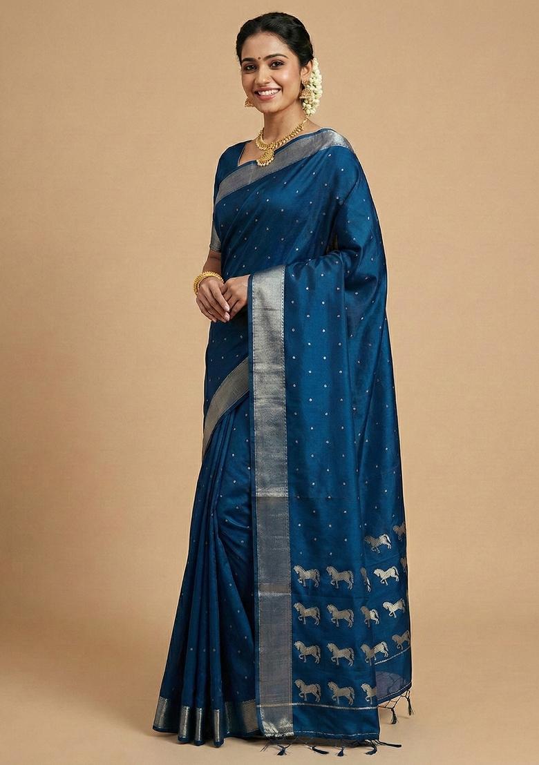 Royal Blue Woven Zari Work Silk Saree Set - Indya