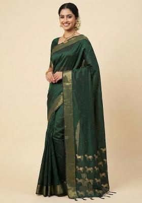 Dark Green Woven Zari Work Silk Saree Set