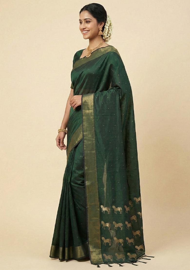 Dark Green Woven Zari Work Silk Saree Set - Indya