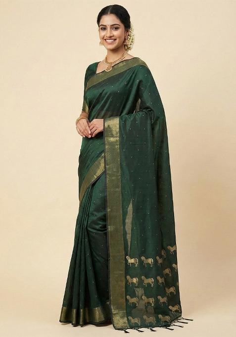 Dark Green Woven Zari Work Silk Blend Saree Set for Diwali and Festive Wear