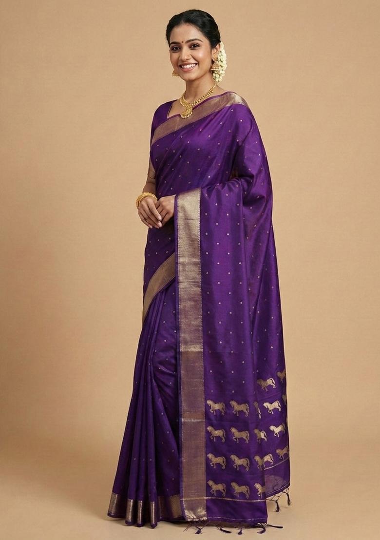 Purple Woven Zari Work Silk Saree Set - Indya