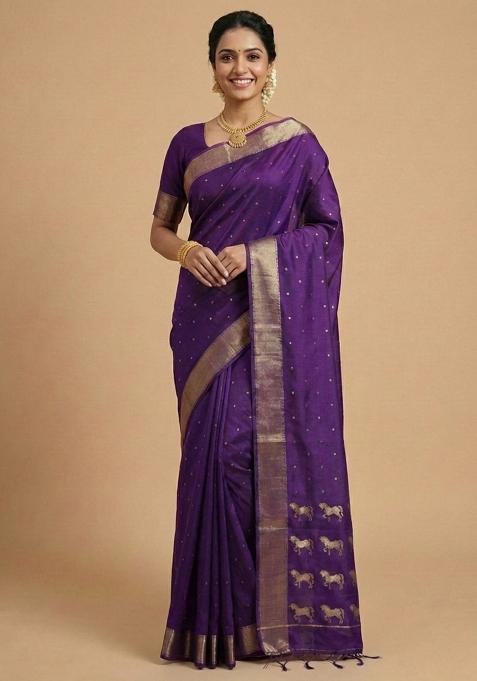 Purple Woven Zari Work Silk Blend Saree Set
