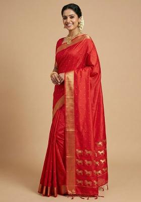 Red Woven Zari Work Silk Saree Set