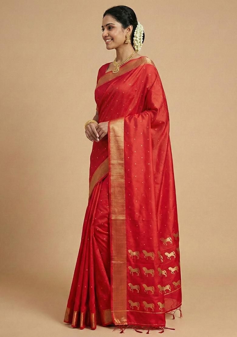 Red Woven Zari Work Silk Saree Set - Indya