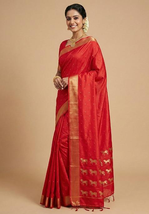 Red Woven Zari Work Silk Saree Set — view on Indya