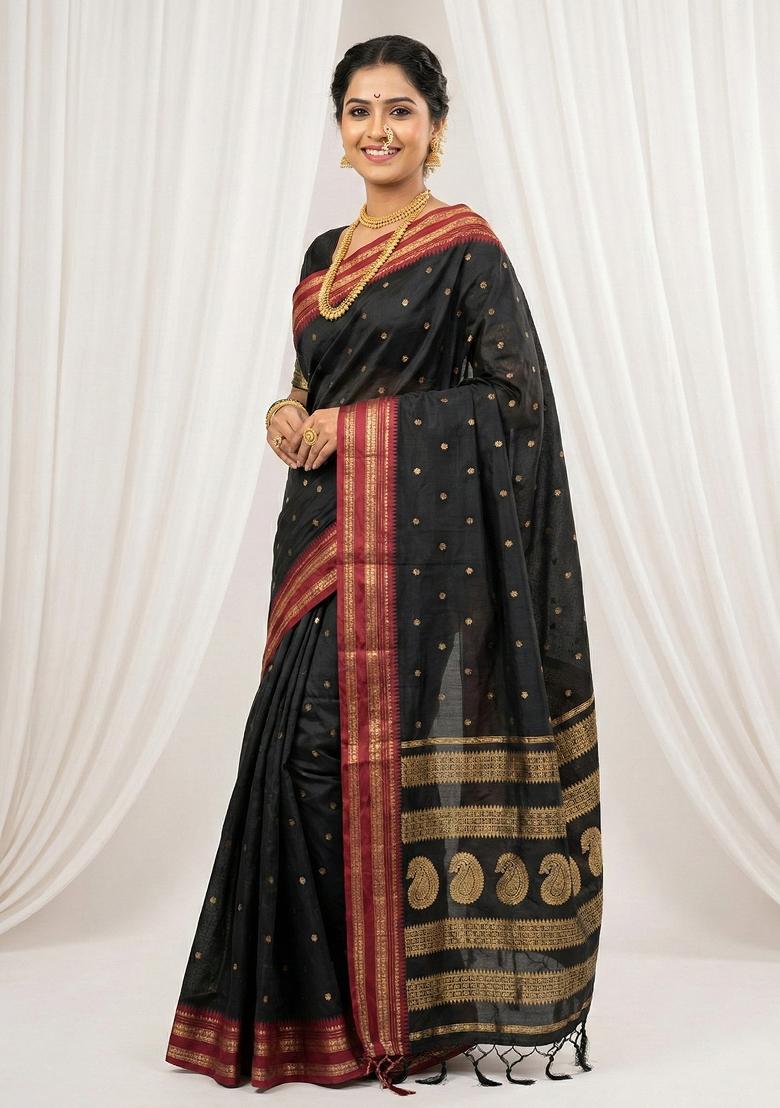 Black Woven Zari Work Silk Saree Set - Indya