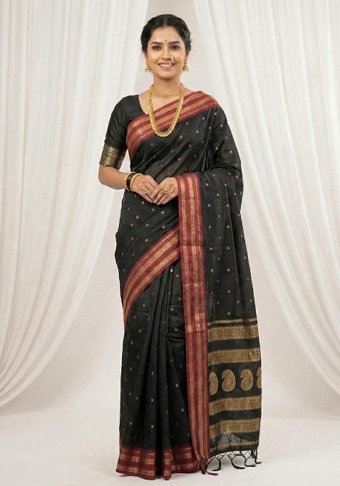 Black Woven Zari Work Silk Blend Saree Set