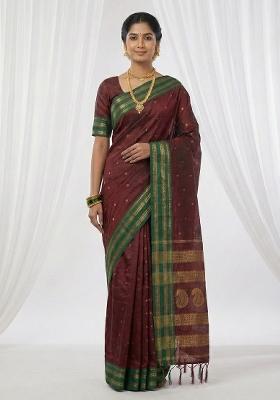 Maroon Woven Zari Work Silk Saree Set