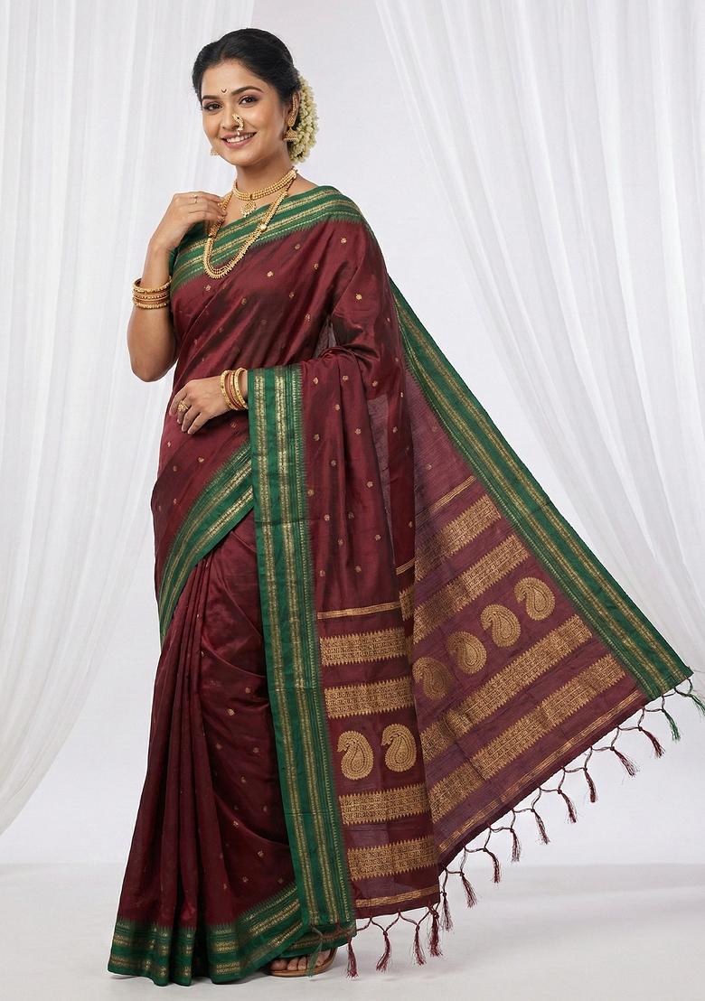 Maroon Woven Zari Work Silk Saree Set - Indya