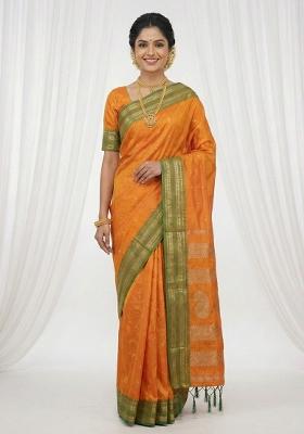Orange Woven Zari Work Silk Saree Set