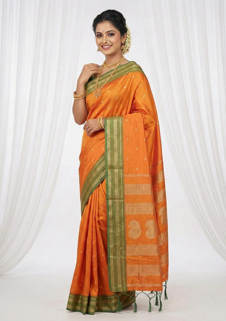 Orange Woven Zari Work Silk Saree Set - Indya