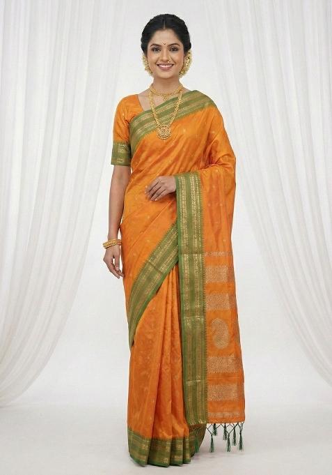 Orange Woven Zari Work Silk Blend Saree Set