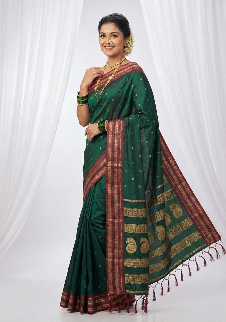 Dark Green Woven Zari Work Silk Saree Set - Indya